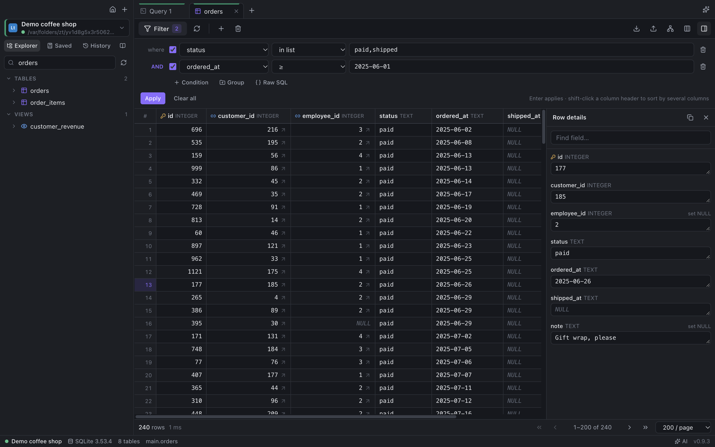 Table browser with filters and row details